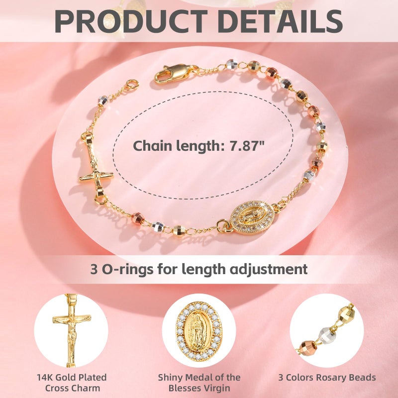 FLHEART Catholic Crucifix Gifts Rosary Bracelet for Women-14K gold plated Virgin Mary Jesus Cross Charm Link Chain, Dainty Virgen de Guadalupe Religious Gift for Confirmation Baptism First Communion Easter - Image 3