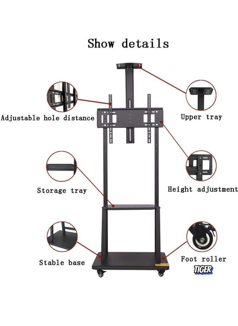 TIGER 32"-70" Rolling TV Stand Cart – Height Adjustable Mobile Flat Screen TV Mount with Lockable Casters, 2 Tier AV Shelves, Max VESA 600x400mm, Ideal for LED, LCD, Plasma Screens (70x43x180cm) - Image 2