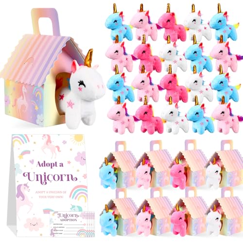 Blueweenly 73 Pcs Adopt a Unicorn Party Favors Set for Girl Mini Plush Unicorn Stuffed Animal Gift Box Adoption Card 1 Animal Sign with Carton House for Adopt Pet Party Birthday Cute - Image 1