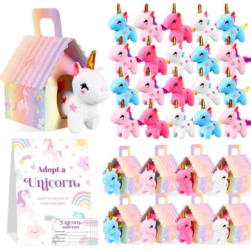 Blueweenly 73 Pcs Adopt a Unicorn Party Favors Set for Girl Mini Plush Unicorn Stuffed Animal Gift Box Adoption Card 1 Animal Sign with Carton House for Adopt Pet Party Birthday Cute - Image 3