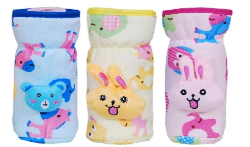Alya The Cheeky Kidzz Stretchable Soft Velvet Plush Attractive Overall Printed Animal Baby Feeding Bottle Cover with Holding Strap Suitable for 150ml 220ml 240ml 250ml Feeder Feeding Bottles(Pack of 3) - Image 1