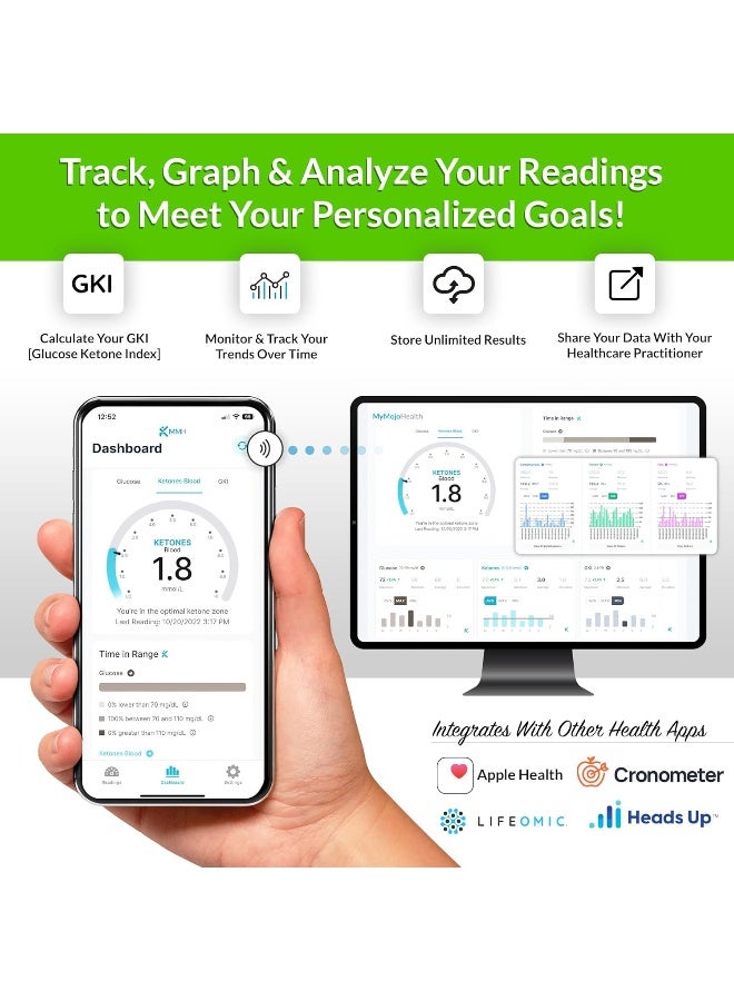 KETO-MOJO GK+ Bluetooth Glucose & Ketone Testing Kit + Free APP for Ketosis & Diabetes Support. 20 Blood Test Strips (10 Each), Meter, 20 Lancets, Lancing Device, and Control Solutions - Image 4