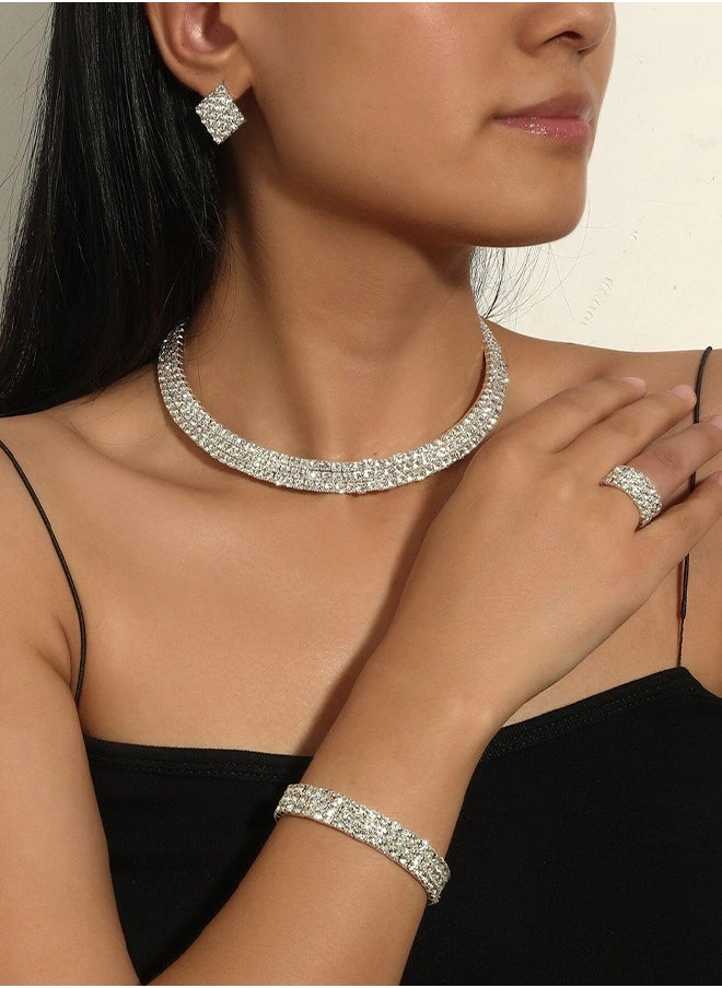 Generic - 4 Pcs Rhinestone Choker Bracelet Ring Earrings Studs Set Three Row Round Diamond Collar Necklace Bridal Evening Dress Accessories for Women Silver/Clear - Image 1