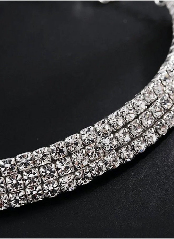 Generic - 4 Pcs Rhinestone Choker Bracelet Ring Earrings Studs Set Three Row Round Diamond Collar Necklace Bridal Evening Dress Accessories for Women Silver/Clear - Image 1