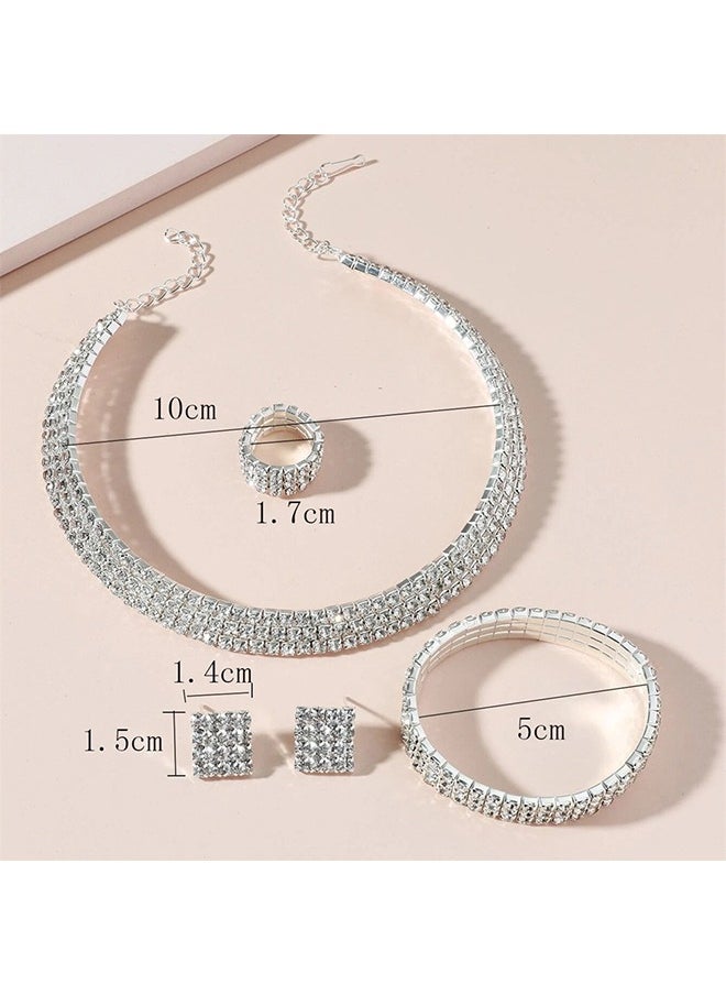 Generic - 4 Pcs Rhinestone Choker Bracelet Ring Earrings Studs Set Three Row Round Diamond Collar Necklace Bridal Evening Dress Accessories for Women Silver/Clear - Image 1