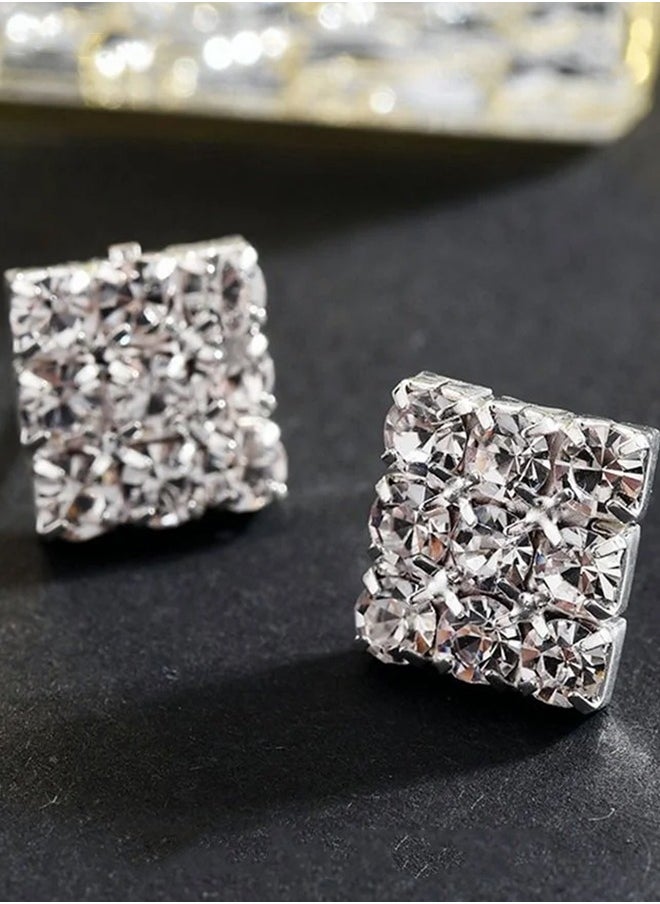 Generic - 4 Pcs Rhinestone Choker Bracelet Ring Earrings Studs Set Three Row Round Diamond Collar Necklace Bridal Evening Dress Accessories for Women Silver/Clear - Image 1