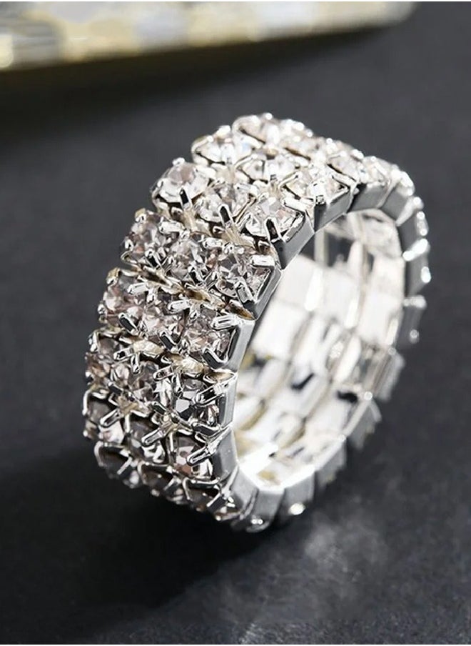 Generic - 4 Pcs Rhinestone Choker Bracelet Ring Earrings Studs Set Three Row Round Diamond Collar Necklace Bridal Evening Dress Accessories for Women Silver/Clear - Image 1
