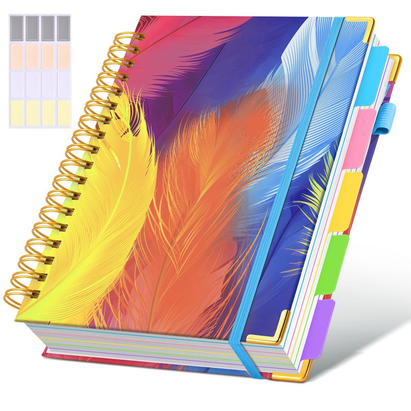 dilitego Hardcover Spiral Notebook Journal with Removable Dividers Tabs, 300 Pages 5 Subject Notebook College Ruled, 100GMS Notebooks for Work School Note Taking,Lined Journal for Women,Colorful Feather - Image 1