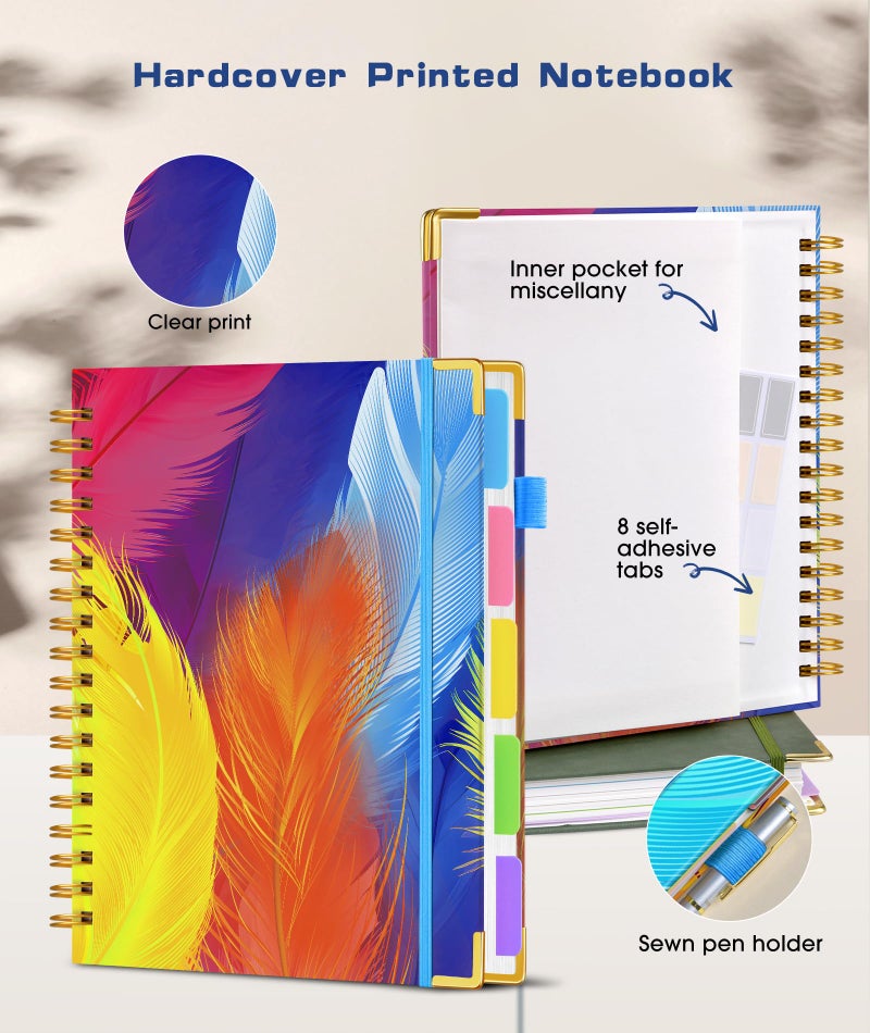 dilitego Hardcover Spiral Notebook Journal with Removable Dividers Tabs, 300 Pages 5 Subject Notebook College Ruled, 100GMS Notebooks for Work School Note Taking,Lined Journal for Women,Colorful Feather - Image 2