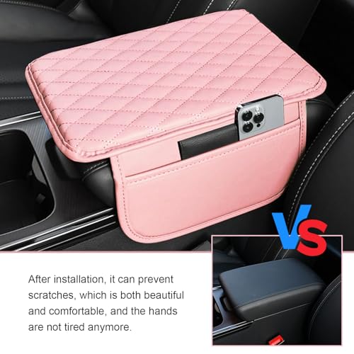 Anyhut 1 PC Car Center Console Cover, Leather Car Armrest Cushion Cover with Side Storage Pockets, Middle Car Interior Accessories, Universal for Trucks, Cars, SUVs (Pink) - Image 5