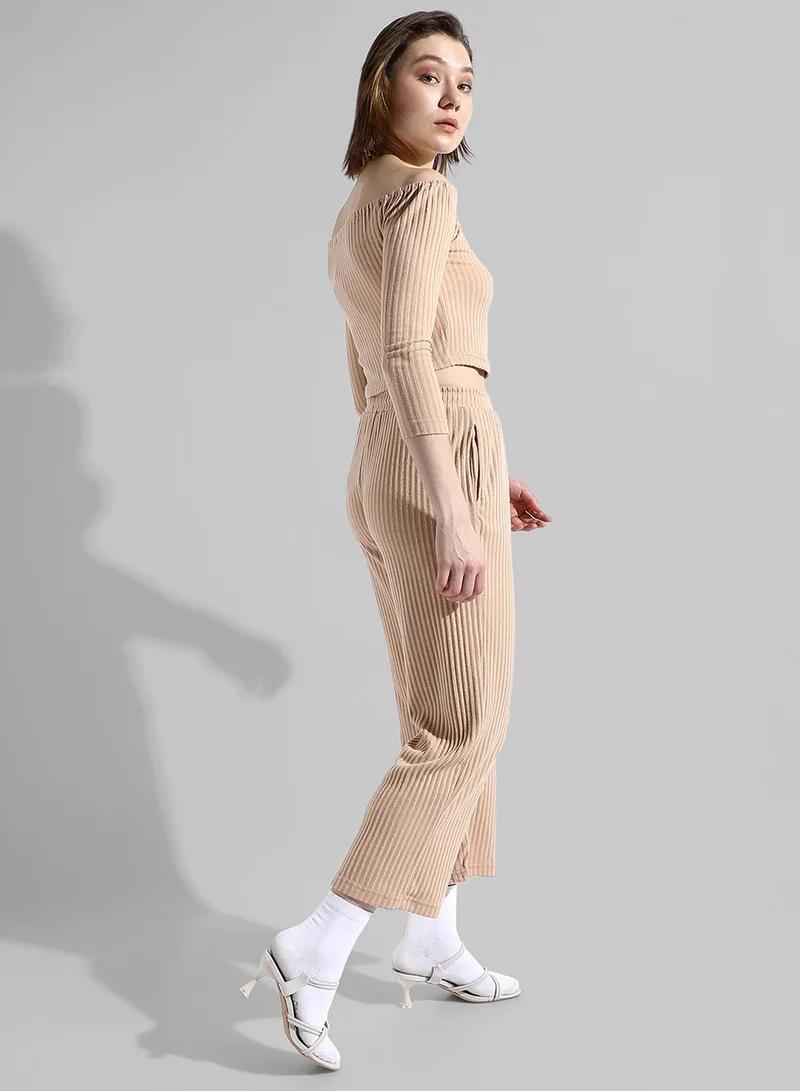 Pinacolada  Women's Beige Ribbed Co-Ord Set For Casual Wear | Off-Shoulder | Long Sleeve | Pull On Closure | Co-Ords Designed With Comfort Fit For Woman & Girls for Women | Best Price UAE