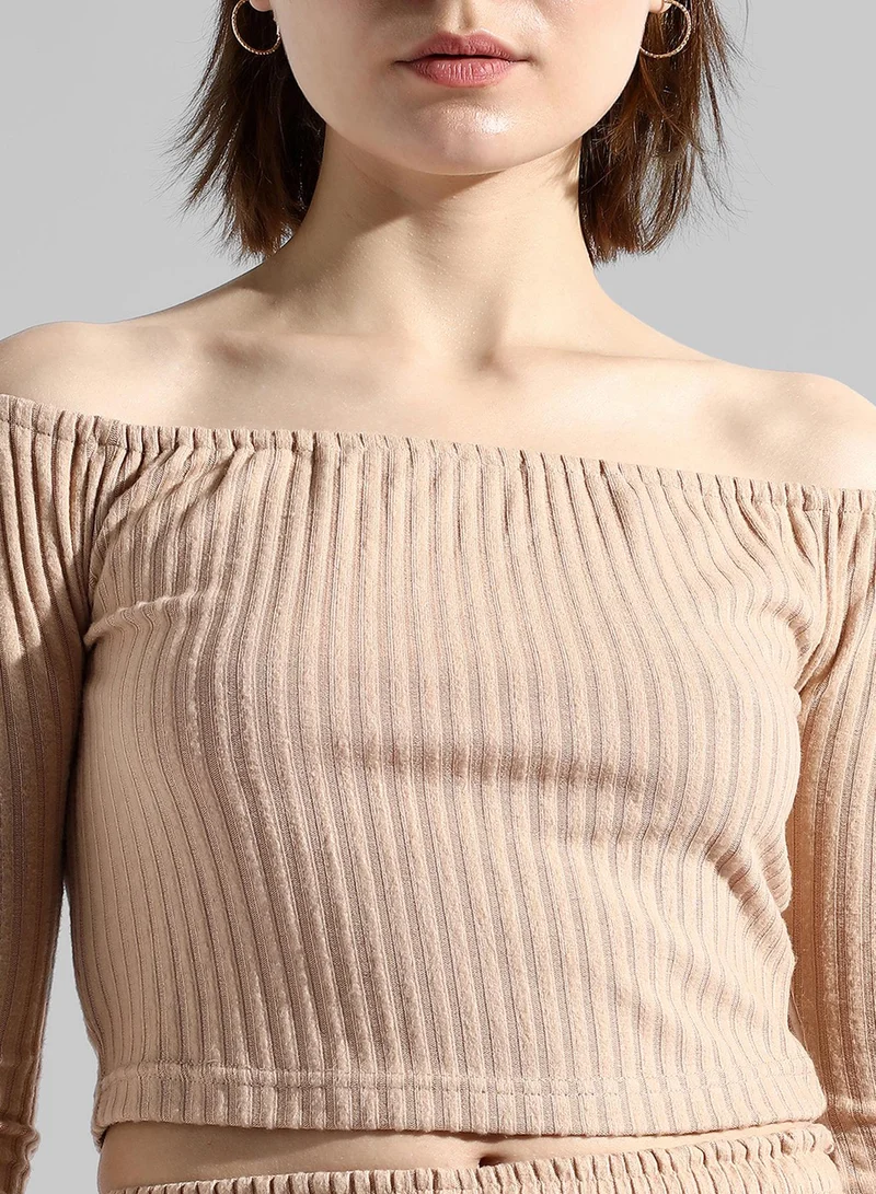 Pinacolada  Women's Beige Ribbed Co-Ord Set For Casual Wear | Off-Shoulder | Long Sleeve | Pull On Closure | Co-Ords Designed With Comfort Fit For Woman & Girls for Women | Best Price UAE