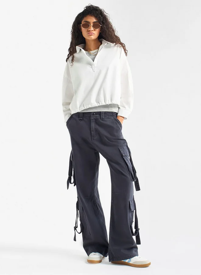 سبلاش فيڤ قميص سادة بياقة عادية وقفل حبل وأكمام طويلة