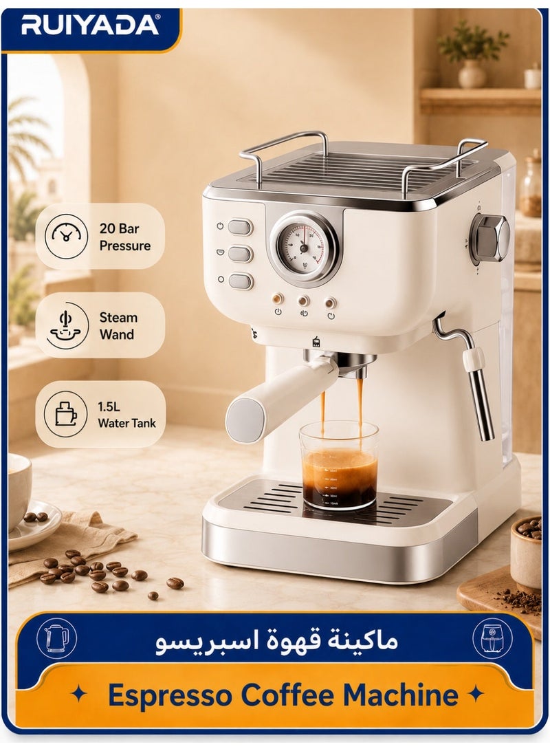 RUIYADA Espresso Coffee Machine 20 Bar Stainless Steel Espresso Maker with Milk Frother Steam Wand 2 in 1，1050W Semi-Automatic Cappuccino Latte Machine with 1.5L/51oz Removable Water Tank/Coffee Port - Image 1