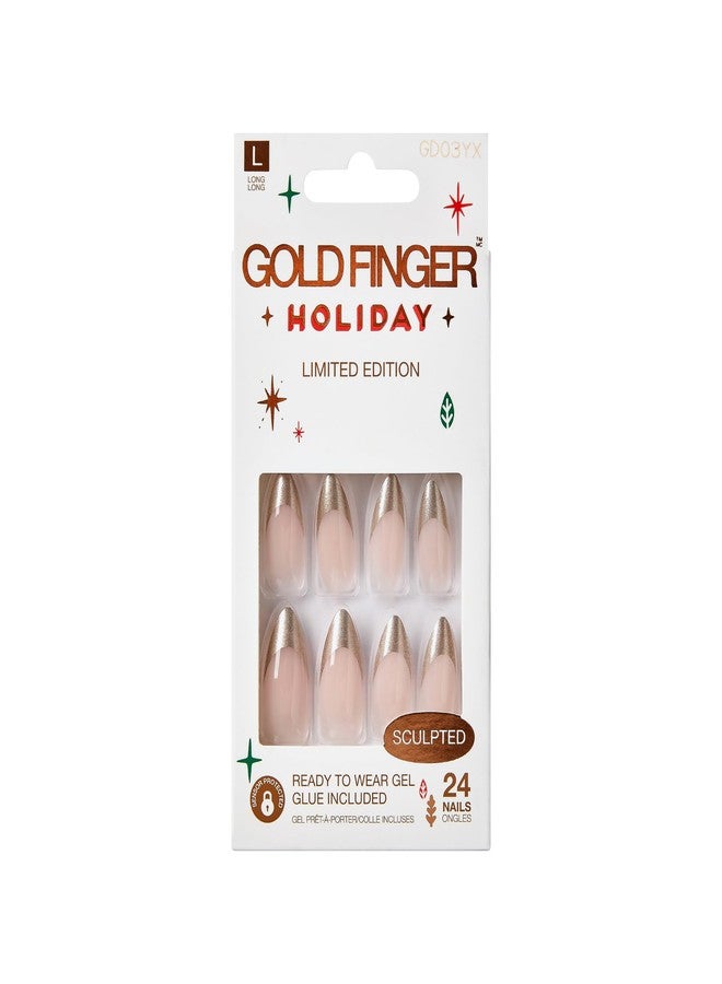Goldfinger Gold Finger 24 Pcs Holiday Press On Nails - Christmas French Tip Square Coffin Oval Fake Nails, Long-Lasting Glossy Glitter Winter Seasonal Snow Flake X-mas Glue On Nails (GOLD SPARKLES) - Image 2