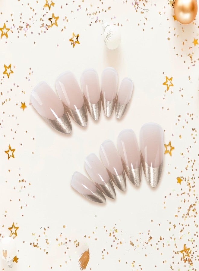 Goldfinger Gold Finger 24 Pcs Holiday Press On Nails - Christmas French Tip Square Coffin Oval Fake Nails, Long-Lasting Glossy Glitter Winter Seasonal Snow Flake X-mas Glue On Nails (GOLD SPARKLES) - Image 5