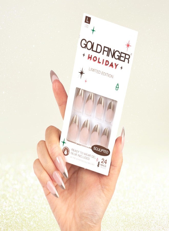 Goldfinger Gold Finger 24 Pcs Holiday Press On Nails - Christmas French Tip Square Coffin Oval Fake Nails, Long-Lasting Glossy Glitter Winter Seasonal Snow Flake X-mas Glue On Nails (GOLD SPARKLES) - Image 1