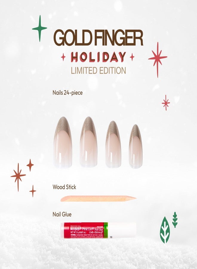 Goldfinger Gold Finger 24 Pcs Holiday Press On Nails - Christmas French Tip Square Coffin Oval Fake Nails, Long-Lasting Glossy Glitter Winter Seasonal Snow Flake X-mas Glue On Nails (GOLD SPARKLES) - Image 3