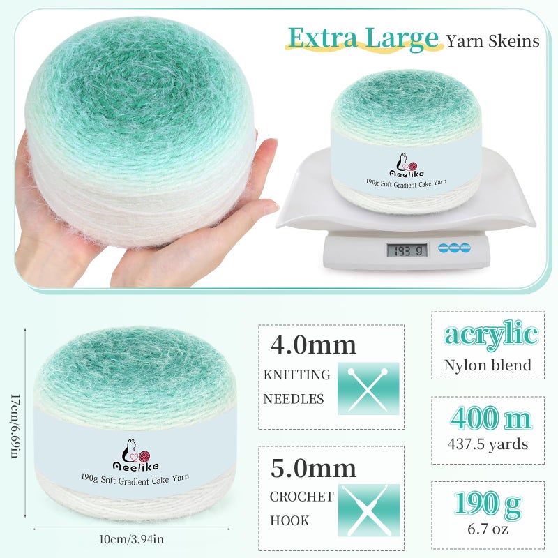 Aeelike Cake Yarn for Crocheting, Extra Large Gradient Yarn 4 x 190g (6.7 oz) 400m (437.5 Yards) 71% Acrylic 29% Nynon, Super Soft OmbrÃ© Yarns for Making Colorful Blanket Scarves Hat, Mint Green - Image 3