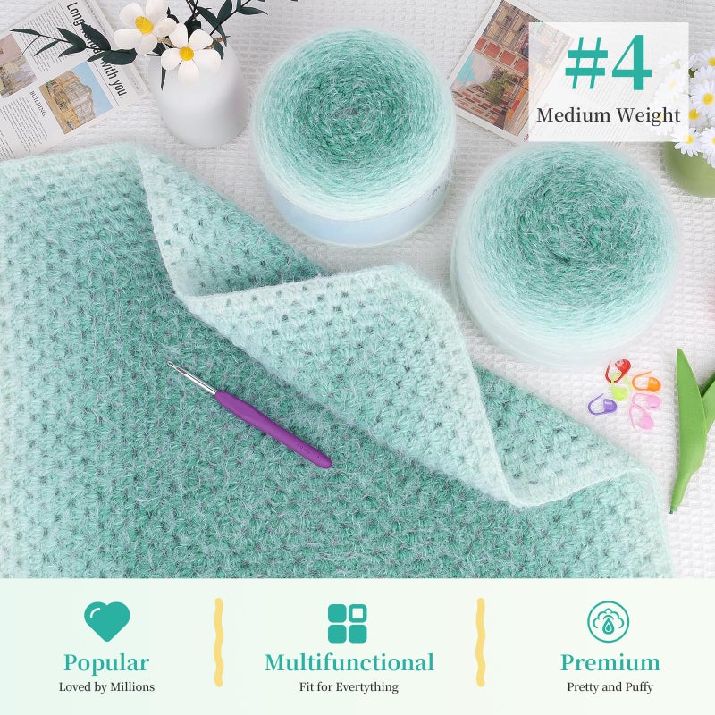 Aeelike Cake Yarn for Crocheting, Extra Large Gradient Yarn 4 x 190g (6.7 oz) 400m (437.5 Yards) 71% Acrylic 29% Nynon, Super Soft OmbrÃ© Yarns for Making Colorful Blanket Scarves Hat, Mint Green - Image 2
