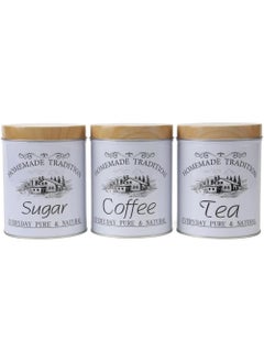 Generic 3-piece round metal coffee, sugar and tea canister set with classic style and wooden lid. Metal sugar and tea canister set, 1 kg  - Image 4