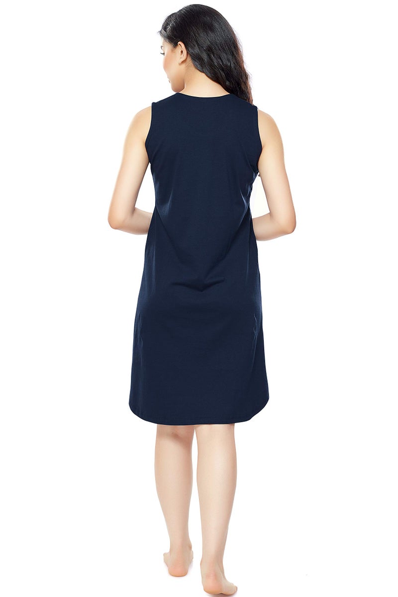 ZEYO Women's Cotton Night Dress Printed Navy Blue Knee Length Night Gown 5325 - Image 3