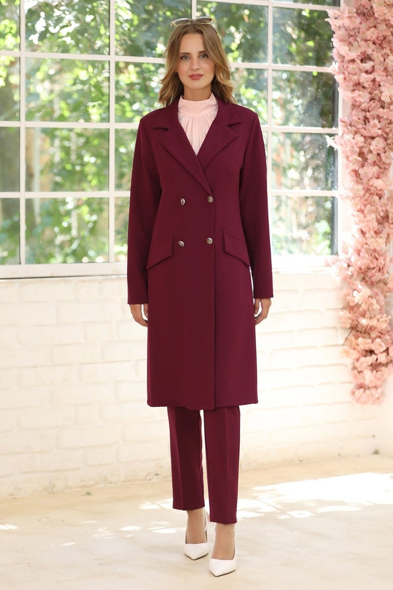 Esilanur Elegant Jacket Trousers Double Hijab Suit Plum  - Image 1