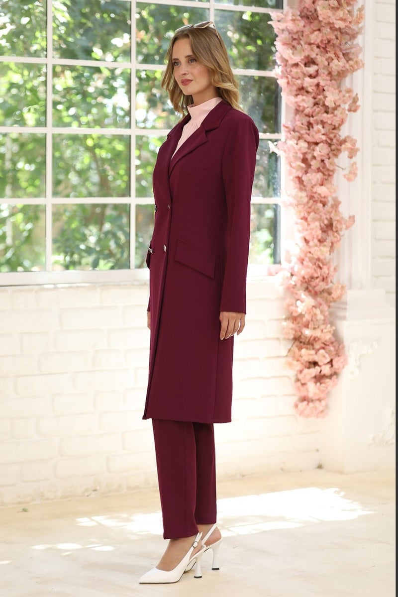 Esilanur Elegant Jacket Trousers Double Hijab Suit Plum  - Image 3