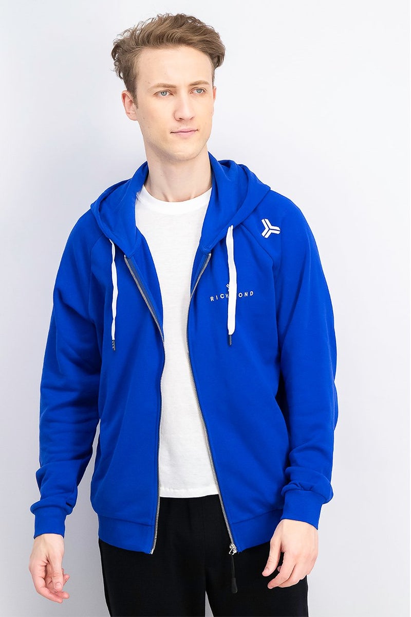 JOHN RICHMOND سويت شيرت رياضي للرجال بغطاء رأس وسحاب كامل بأكمام طويلة بشعار العلامة التجارية، أزرق - Image 1