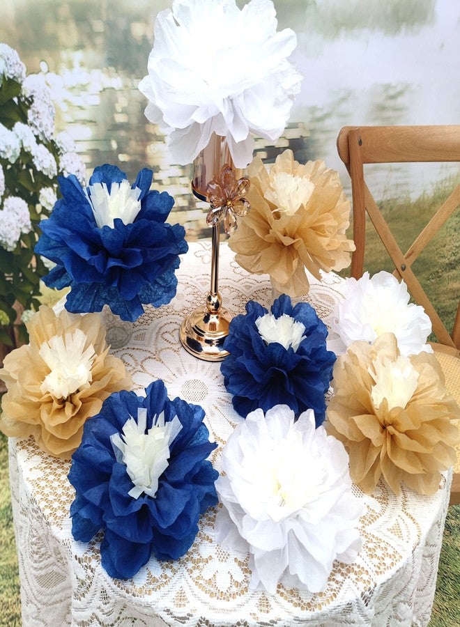 Mybbshower 12 PCS Navy Blue Gold Tissue Paper Flowers for Birthday Baby Bridal Shower Wedding Bachelorette Navy Blue Anniversary Party Decorations 10"-6" - Image 5