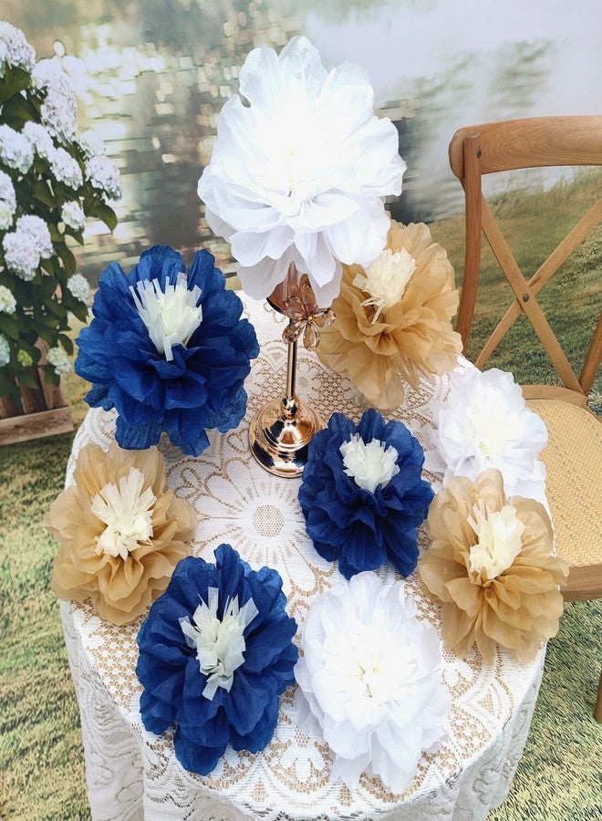 Mybbshower 12 PCS Navy Blue Gold Tissue Paper Flowers for Birthday Baby Bridal Shower Wedding Bachelorette Navy Blue Anniversary Party Decorations 10"-6" - Image 4