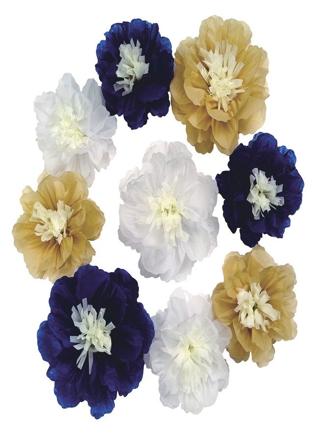 Mybbshower 12 PCS Navy Blue Gold Tissue Paper Flowers for Birthday Baby Bridal Shower Wedding Bachelorette Navy Blue Anniversary Party Decorations 10"-6" - Image 1