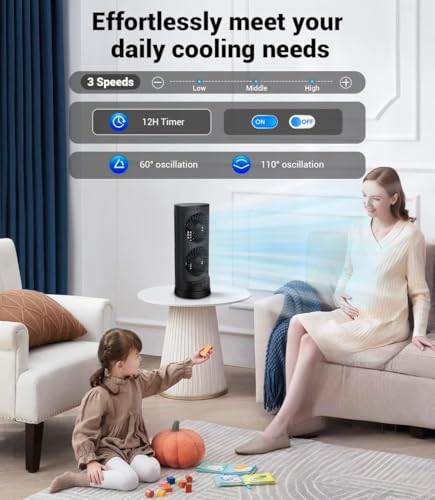 Kopbeau Personal Tower Cooling Fans that Blow Cold Air, Standing Small Desk Fan with 3 Speeds & Timer, 60° & 110° Oscillating Table Fan, Quiet and Safe Electric Floor Fan for Bedroom, Bedside, Home, Office - Image 5
