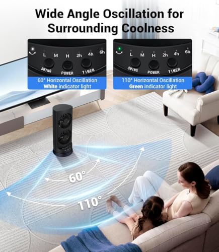 Kopbeau Personal Tower Cooling Fans that Blow Cold Air, Standing Small Desk Fan with 3 Speeds & Timer, 60° & 110° Oscillating Table Fan, Quiet and Safe Electric Floor Fan for Bedroom, Bedside, Home, Office - Image 3