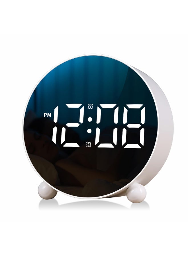 ساعة منبه رقمية، ساعة منبه دائرية بشاشة LED، ساعة رقمية صغيرة بجرس مزدوج، 3 مستويات سطوع قابلة للتعديل، ساعة مكتب صامتة، ساعات منبه بجانب السرير بجرس عالٍ لغرفة النوم والمكتب (أبيض) - Image 1