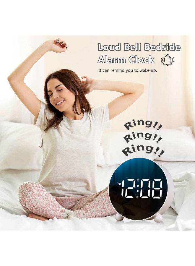 ساعة منبه رقمية، ساعة منبه دائرية بشاشة LED، ساعة رقمية صغيرة بجرس مزدوج، 3 مستويات سطوع قابلة للتعديل، ساعة مكتب صامتة، ساعات منبه بجانب السرير بجرس عالٍ لغرفة النوم والمكتب (أبيض) - Image 5