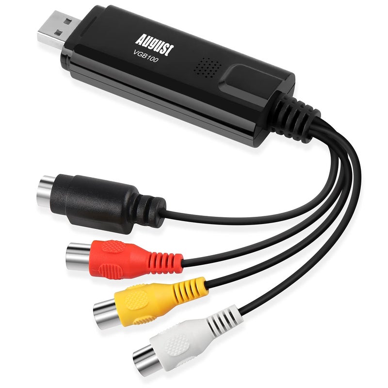 August VGB100 - External USB Video Capture Card - S Video/Composite to USB Transfer Cable - Grabber Lead for Windows 11/10 / 8/7 / Vista/XP - Image 1
