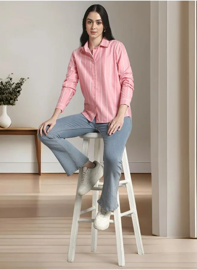 دينيس لينغو Women's Pink 100% Cotton Striped Relaxed Fit Shirt