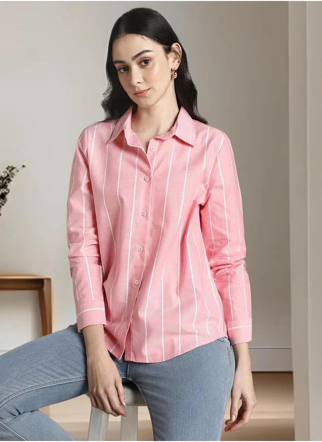 دينيس لينغو Women's Pink 100% Cotton Striped Relaxed Fit Shirt