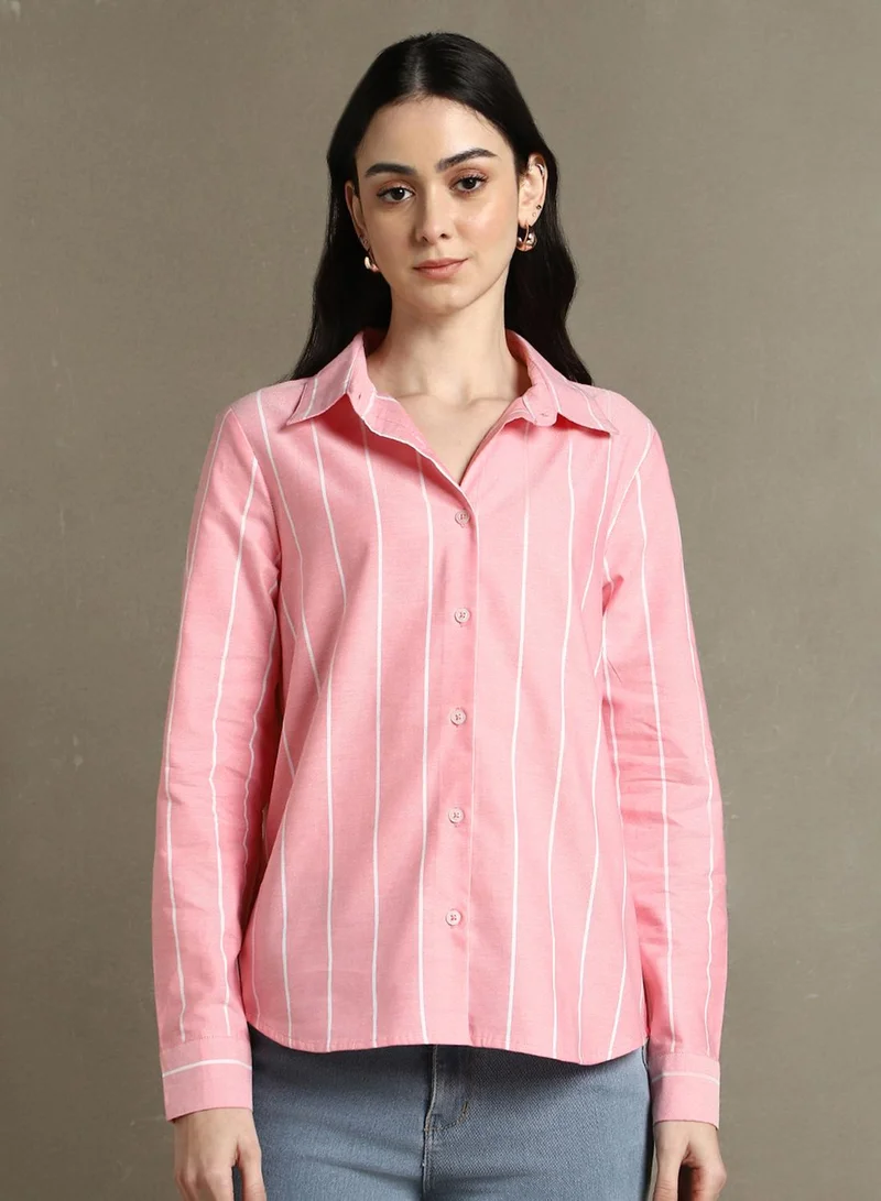 Dennis Lingo Women's Pink 100% Cotton Striped Relaxed Fit Shirt