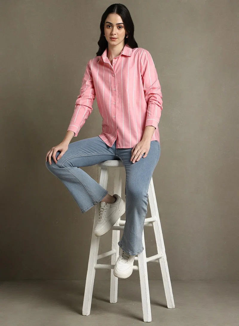 Dennis Lingo Women's Pink 100% Cotton Striped Relaxed Fit Shirt