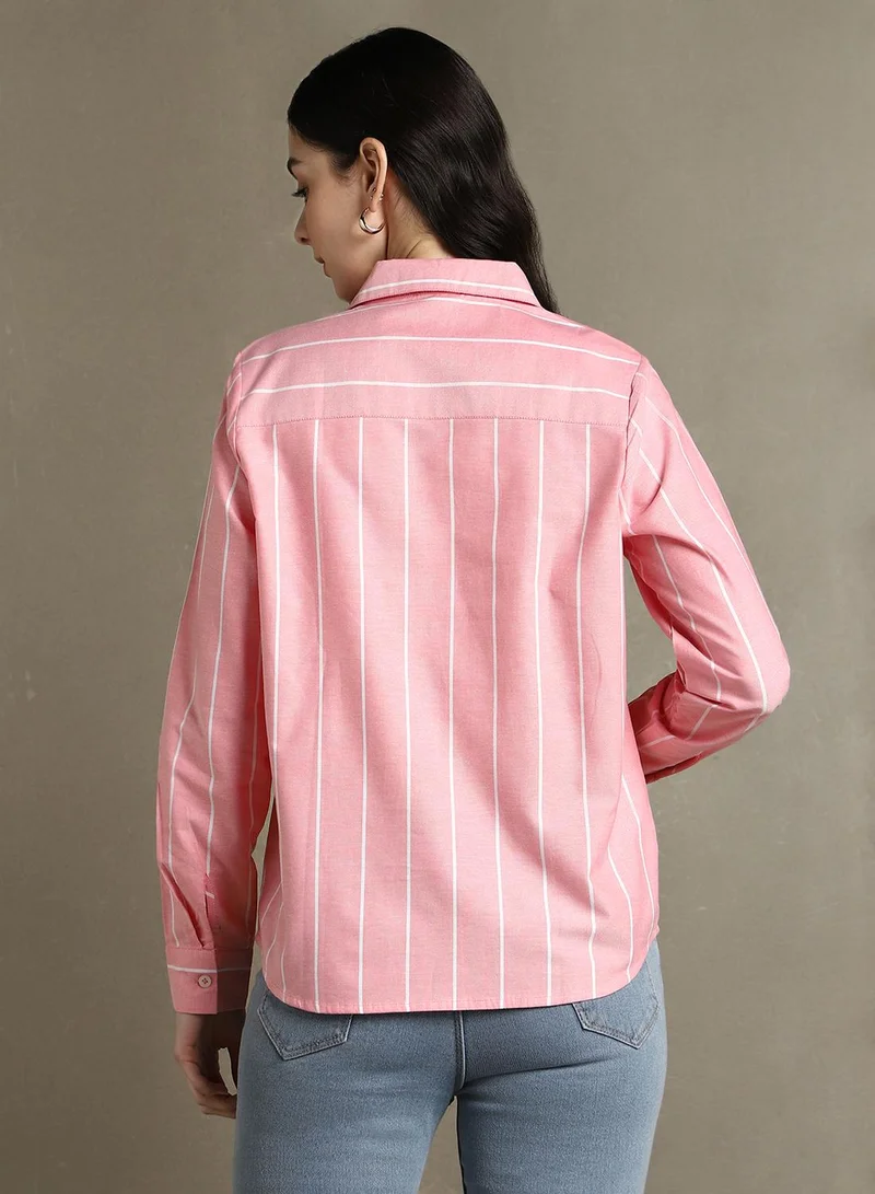 Dennis Lingo Women's Pink 100% Cotton Striped Relaxed Fit Shirt