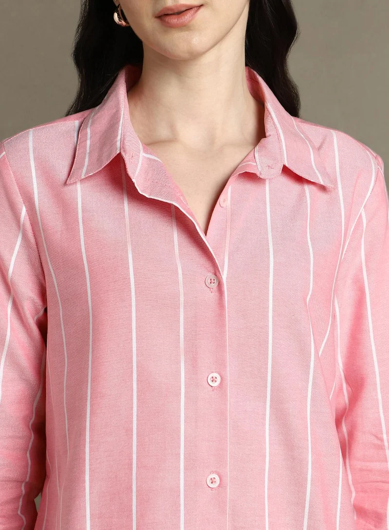 Dennis Lingo Women's Pink 100% Cotton Striped Relaxed Fit Shirt