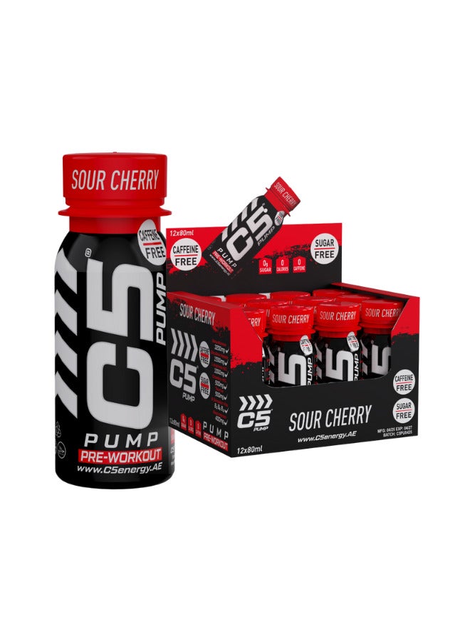 C5 PUMP Shot Pre-Workout Drink, Caffeine-Free, Sugar-Free, 80ml, With Beta-Alanine 3200mg, Citrulline 1500mg, B-Complex Vitamins (Pack of 12, Sour Cherry) - Image 1