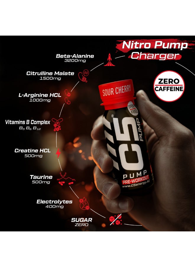 C5 PUMP Shot Pre-Workout Drink, Caffeine-Free, Sugar-Free, 80ml, With Beta-Alanine 3200mg, Citrulline 1500mg, B-Complex Vitamins (Pack of 12, Sour Cherry) - Image 3