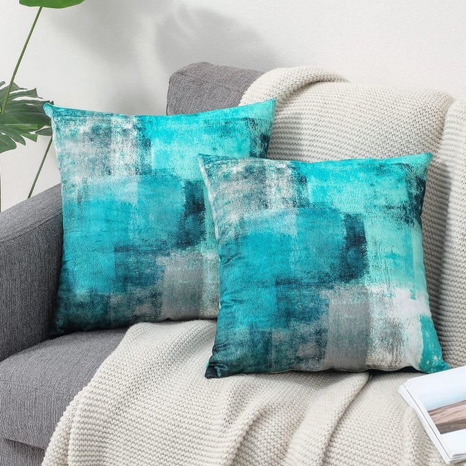 SET OF 2 DECORATIVE VELVET CUSHION COVERS 50 X 50 CM ABSTRACT ART DECOR PILLOW CASE TEAL CUSHION COVER 20X20 INCHES FOR OUTDOOR PATIO GARDEN BLENCH LIVING ROOM SOFA FARMHOUSE DECOR