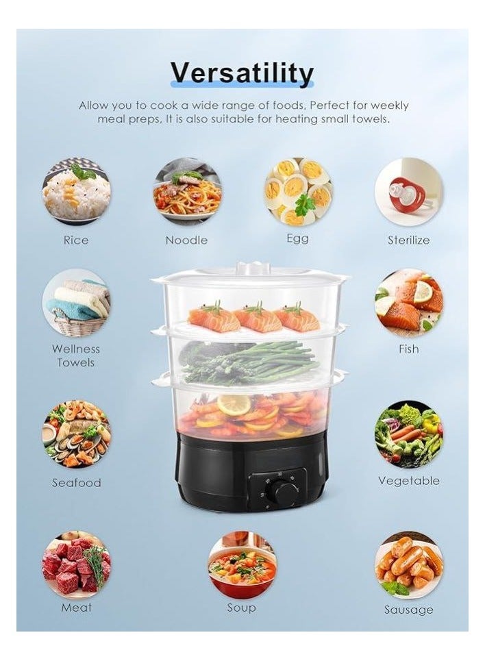جهاز طهي بالبخار الكهربائي سعة 13.7 لترًا للطهي، جهاز بخار للخضروات ثلاثي الطبقات خالٍ من مادة BPA، طهي سريع متزامن بقدرة 800 وات، مؤقت لمدة 60 دقيقة، مثالي لطهي الطعام بالبخار. - Image 3