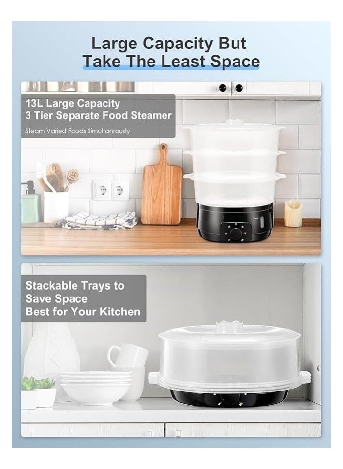 جهاز طهي بالبخار الكهربائي سعة 13.7 لترًا للطهي، جهاز بخار للخضروات ثلاثي الطبقات خالٍ من مادة BPA، طهي سريع متزامن بقدرة 800 وات، مؤقت لمدة 60 دقيقة، مثالي لطهي الطعام بالبخار. - Image 5