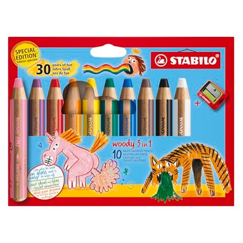 STABILO woody 3in1 MultiTalented Pencil Pack of 10 Birthday Edition Assorted Colours with Sharpener - Image 1