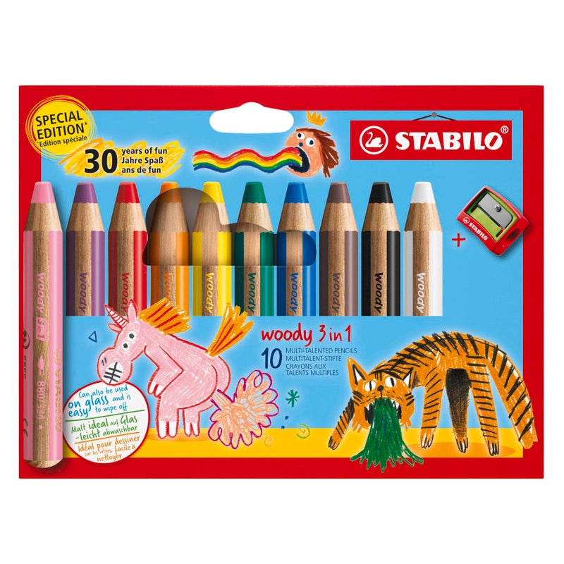 STABILO woody 3in1 MultiTalented Pencil Pack of 10 Birthday Edition Assorted Colours with Sharpener - Image 2